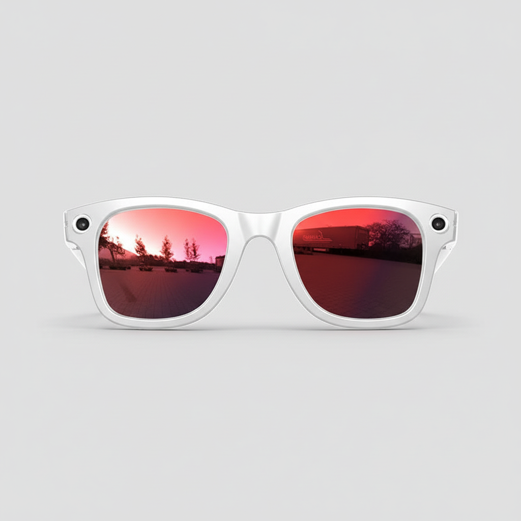 White sunglasses with red-tinted lenses on a light gray background