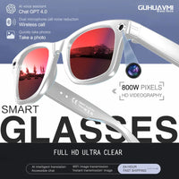 Smart glasses with red lenses and various features highlighted on a blue and white background.