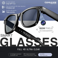 Smart glasses with camera lens on a white and blue background, featuring GUHUAVMI brand.