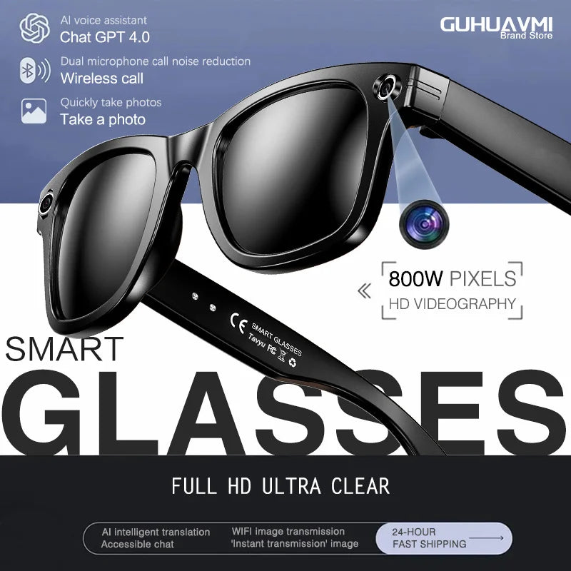 Smart glasses with camera and microphone features on a promotional background