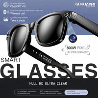 Smart glasses with camera and microphone features on a promotional background