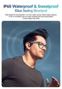 Man wearing glasses with a blue background and text about waterproof and sweatproof features.