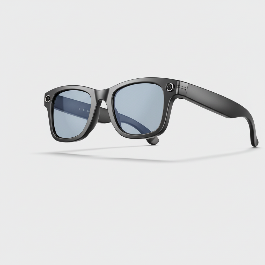 Sunglasses with a gray frame and blue lenses on a light gray background