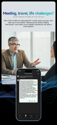 Smart glasses with AI assistant app on a smartphone displaying text, used for meeting, travel, and life challenges.