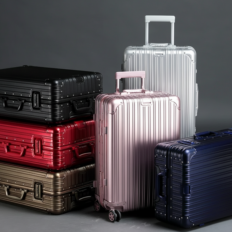 Set of colorful suitcases on a gray background