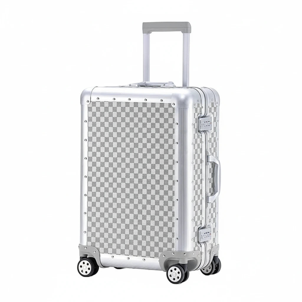 The Monarch premium aluminum suitcase in Arctic Silver, featuring a reinforced zipperless frame, curated and certified by AERIA Prestige.